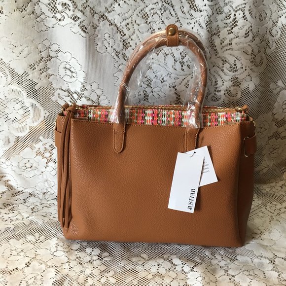 NWT JUSTFAB SATCHEL, OUT OF OFFICE, COGNAC MULTI - Picture 9 of 11